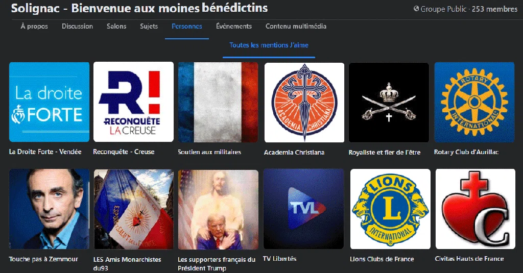 Reprise de la couverture : capture d'écran du groupe Facebook « Solignac - Bienvenue aux moines bénédictins » montrant une grille de pages aimées, dont La Droite Forte - Vendée, Reconquête - Creuse, Academia Christiana, Touche pas à Zemmour, TV Libertés, Lions Clubs de France et Civitas Hauts de France.