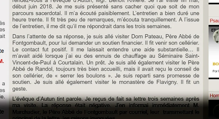 Capture d&rsquo;écran d&rsquo;un extrait de texte en français relatant des démarches auprès d&rsquo;autorités ecclésiastiques, notamment une rencontre avec Mgr Benoît Rivière, évêque d&rsquo;Autun, et des visites à Dom Pateau, Père Abbé de Fontgombault, ainsi qu&rsquo;aux monastères de Randol et de Flavigny pour solliciter du soutien. La partie inférieure de l&rsquo;image est ombragée et s&rsquo;assombrit vers le bas.
