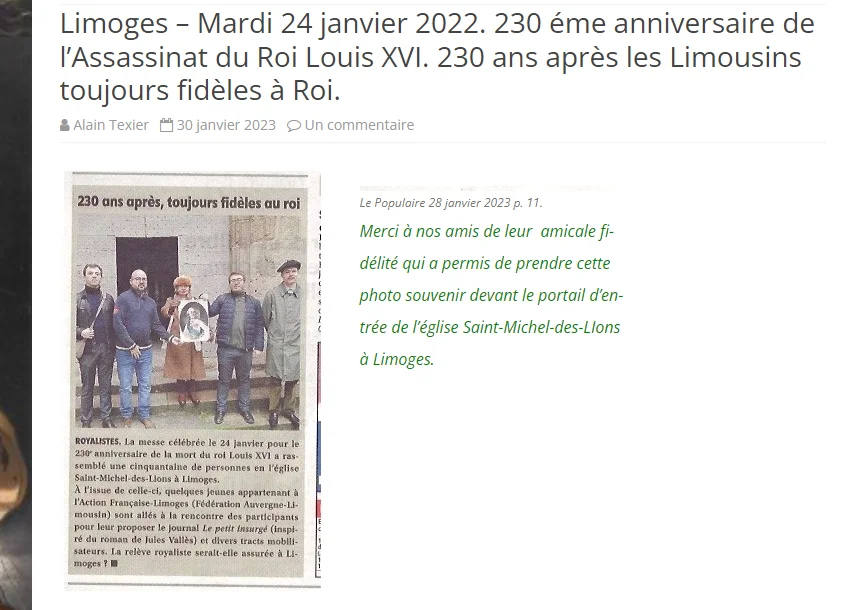 Capture d&rsquo;écran d&rsquo;un article de blog d&rsquo;Alain Texier publié en janvier 2023, relatif à une commémoration pour le 230ᵉ anniversaire de la mort de Louis XVI à Limoges. À gauche, une coupure du journal <em>Le Populaire du Centre</em> montre un groupe de personnes posant devant le portail de l&rsquo;église Saint-Michel-des-Lions, l&rsquo;une d&rsquo;elles tenant un portrait encadré du roi. À droite, un texte explicatif en vert précise la provenance de la photographie souvenir.