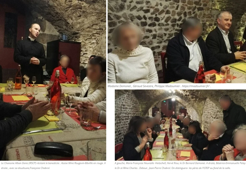 Montage de trois photographies montrant un repas rassembleur dans une salle voûtée en pierres apparantes. À gauche, le chanoine Alban Denis (ICRSP) en soutane debout récite le bénédicité devant plusieurs convives attablés. En haut à droite, trois personnes, dont Philippe Madoumier un représentant de l&rsquo;extrême droite limougeaude, sont assises le long de la table dressée. En bas à droite, une vue en enfilade de la pièce montre la longue table garnie réunissant de nombreux invités.