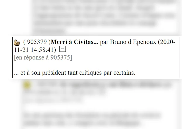 Capture d&rsquo;écran d&rsquo;un message en ligne daté de novembre 2020 signé par Bruno d Epenoux, exprimant ses remerciements envers Civitas et son président.
